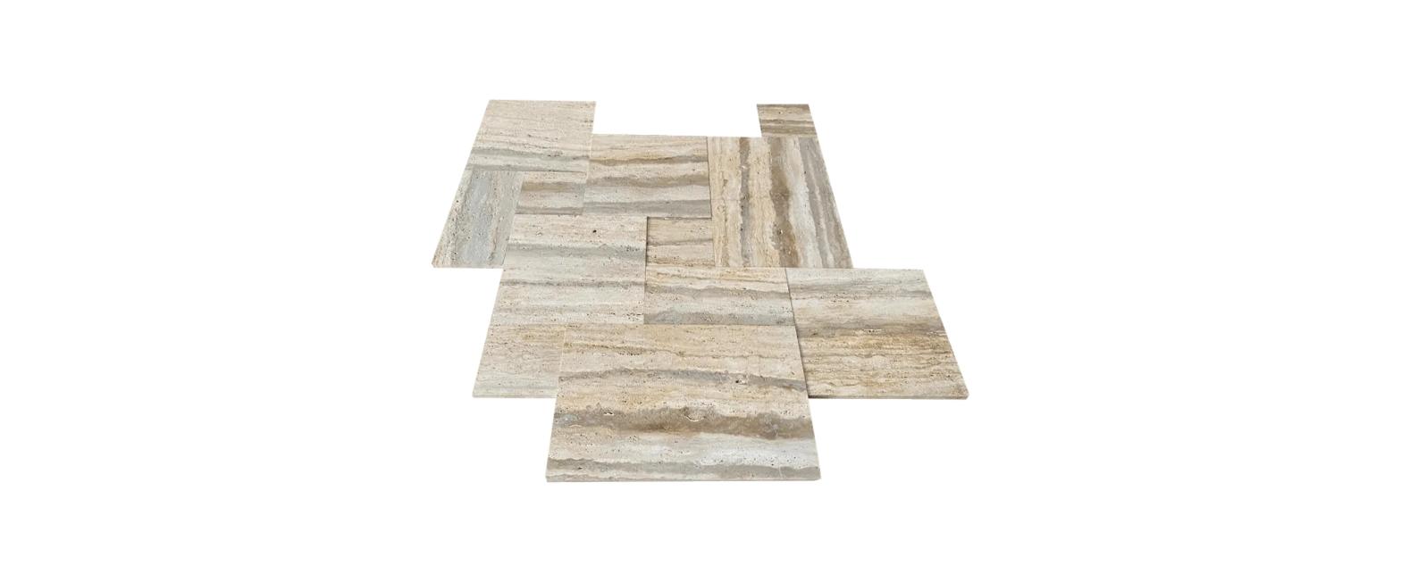 French Pattern Travertine Paver Set — Silver, Tumbled, 3 cm