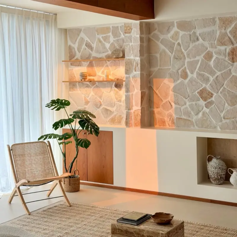 Cream Crazy Paving for Fireplace Wall